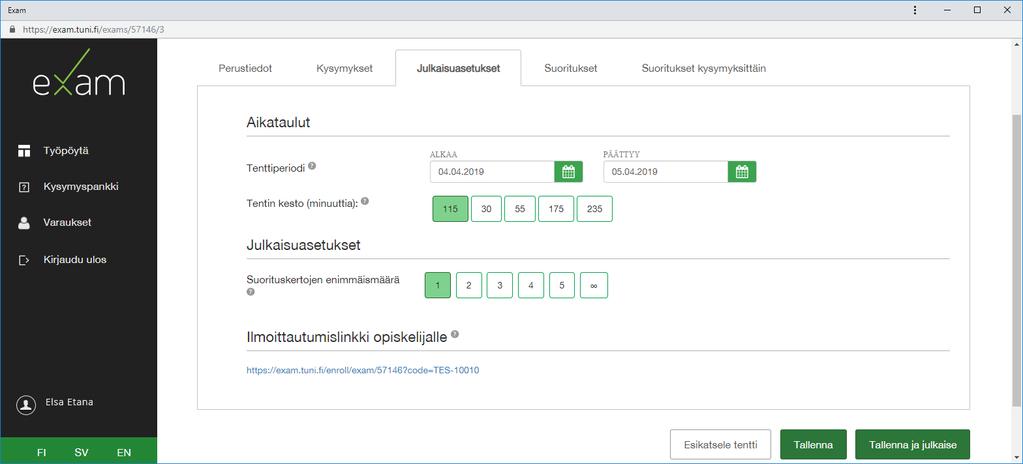Julkaise tentti Siirry Julkaisuasetukset -välilehdelle Valitse suorituskertojen enimmäismäärä: -5 tai rajoittamaton 2 Valitse tenttiperiodi eli aikaväli, jolloin tentin voi suorittaa.