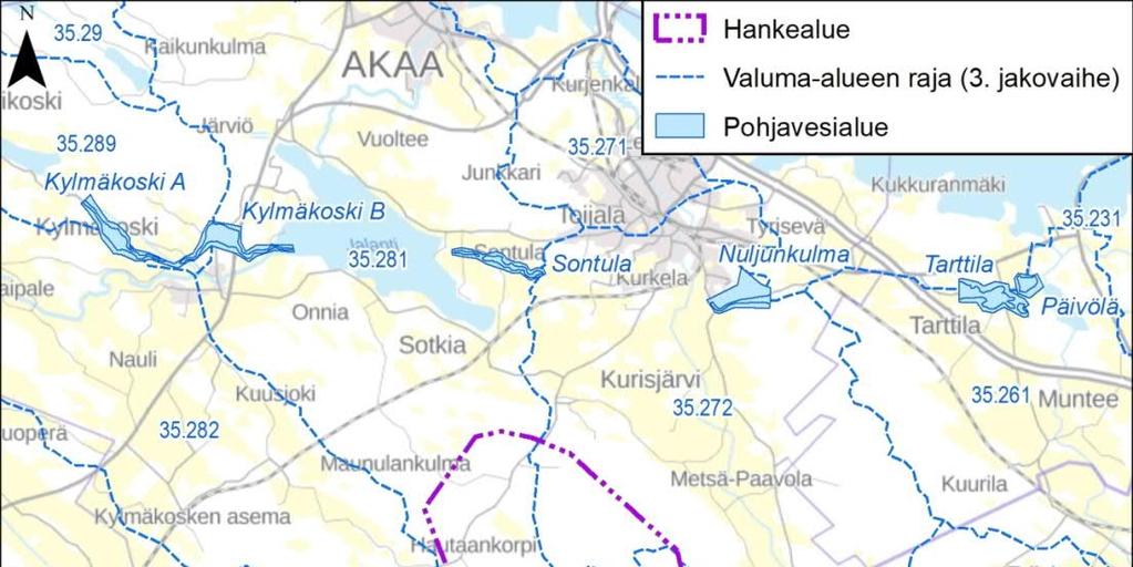 Hankealueella ei ole luontaisia lampia tai järviä. Hankealueella on pieniä vesialueita, jotka todennäköisesti ovat muodostuneet maanoton seurauksena tai ovat ojitusten lasketusaltaita.