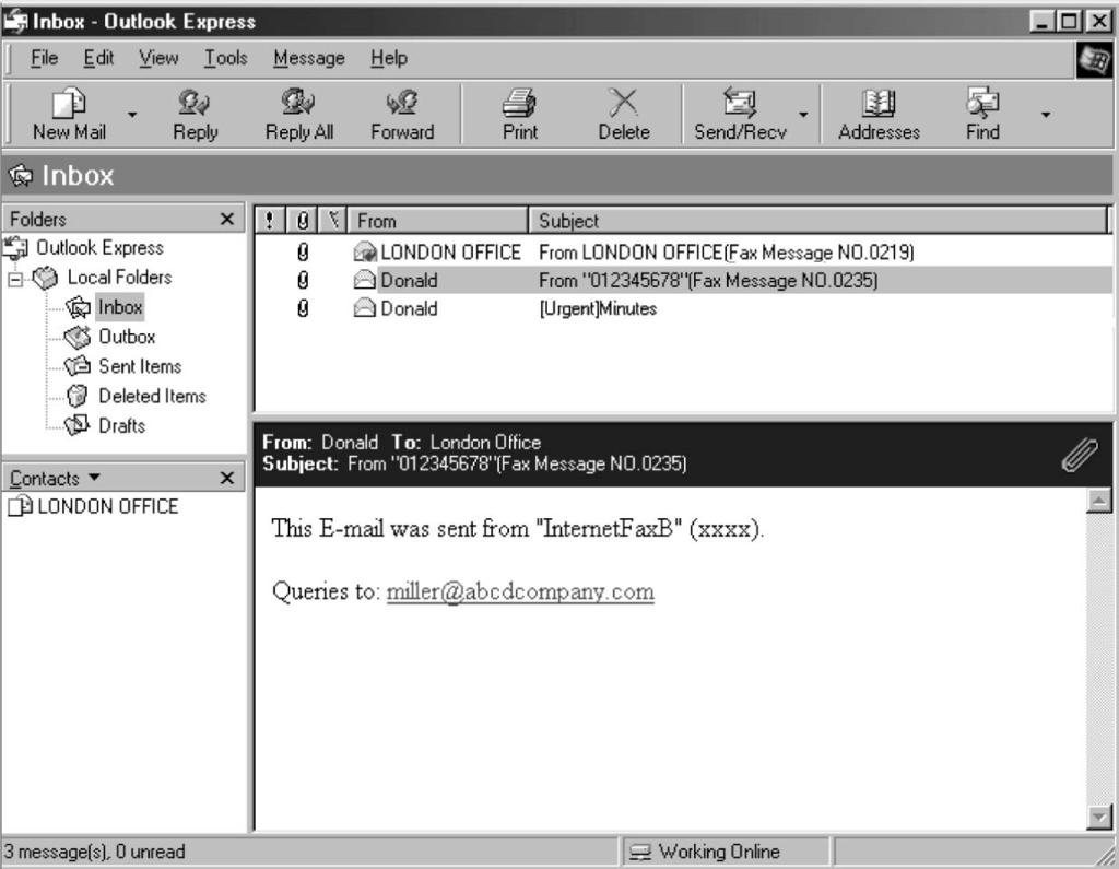 Internet-faksin käyttö Vastaanotettu asiakirja Tässä on esimerkki tältä koneelta lähetetystä ja tietokoneelle saapuneesta Internet-faksiasiakirjasta, kun käytetään Outlook