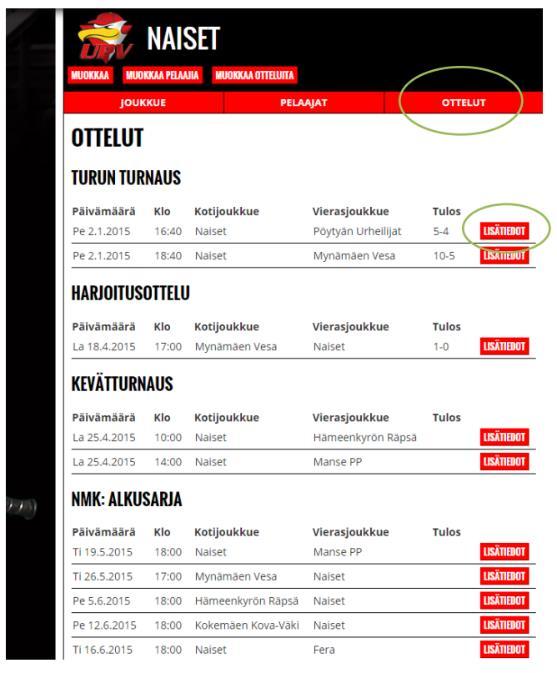 12 Kuva 12. Ottelun lisääminen Voit nähdä joukkueesi pelit OTTELUT valikosta.