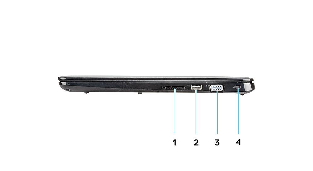 1 Virtaliitin 2 Akun tilavalo 3 USB Type-C 3.1 Gen 1 -portti, jossa virranjako- ja DisplayPort-ominaisuus 4 HDMI 1.4 -portti 5 Verkkoportti 6 USB 3.