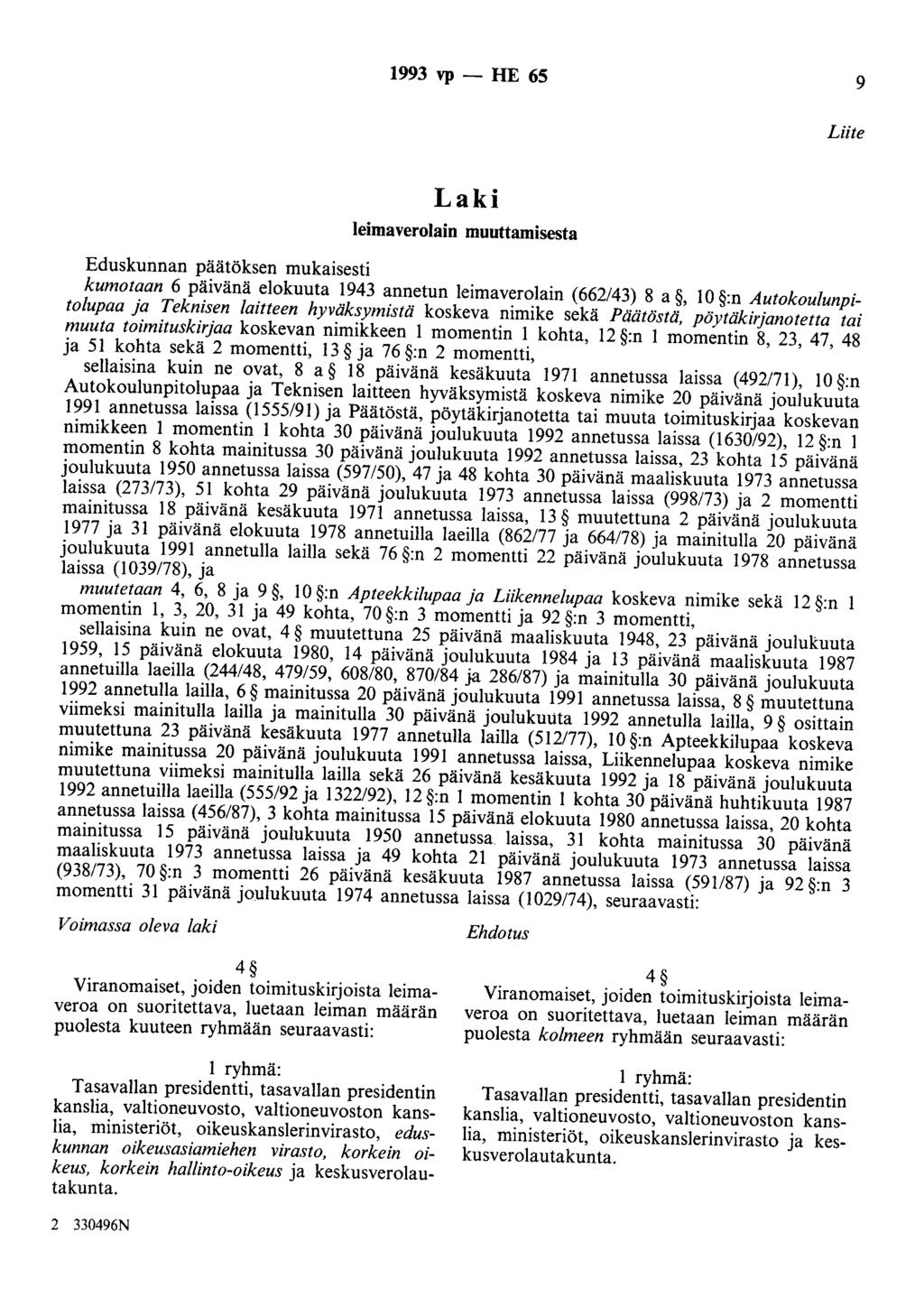 1993 vp - HE 65 9 Liite Laki leimaverolain muuttamisesta Eduskunnan päätöksen mukaisesti kumotaan 6 päivänä elokuuta 1943 annetun leimaverolain (662/43) 8 a, 10 :n Autokoulunpitolupaa ja Teknisen