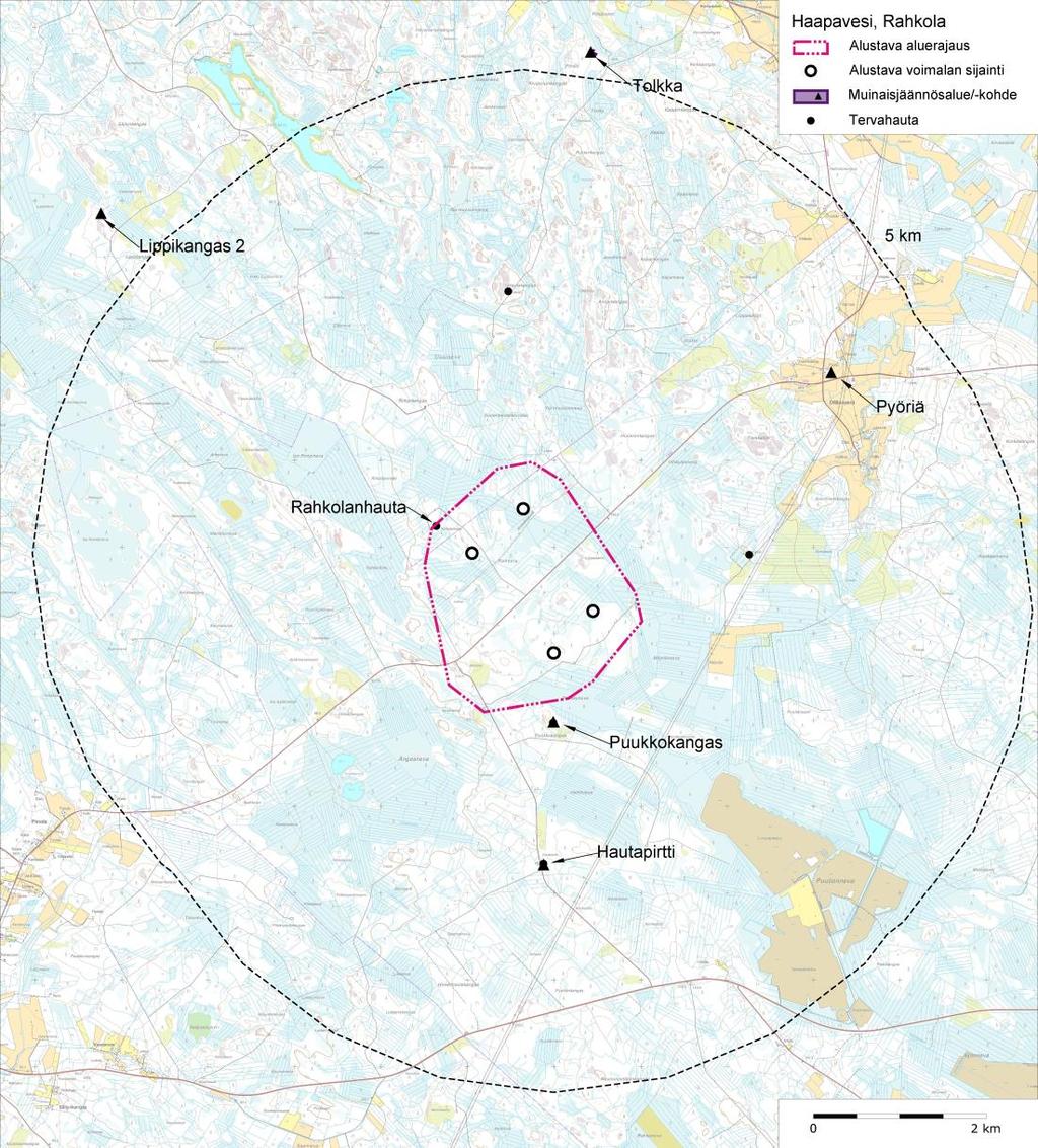 FCG SUUNNITTELU JA TEKNIIKKA OY Haapavesi - Rahkola 9 (27) Kuva 4. Muinaisjäännöskohteet ja tervahaudat hankealueen ympäristössä.