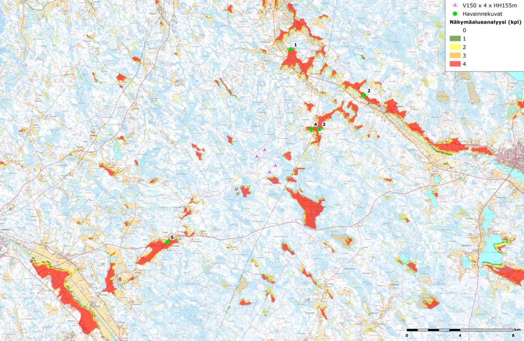 FCG SUUNNITTELU JA TEKNIIKKA OY Haapavesi - Rahkola 13 (27) Näkymäalueanalyysi on laadittu WindPRO-ohjelmalla. Maaston peitteisyyden huomioimiseksi mallinnuksessa on käytetty Corine-dataa (2006).