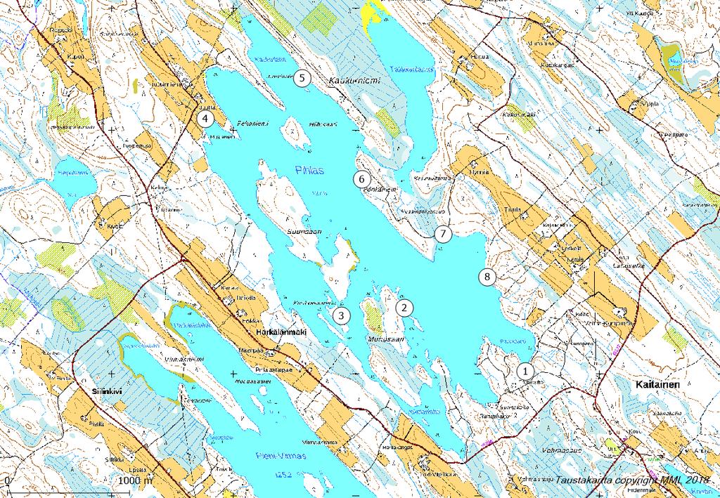 Liite 2. Karttakuvat linjojen sijainneista Alla on esitetty kartoitetut linjat kullakin järvellä. Linjojen alkupiste on kuvattu valkealla ympyrällä. Uudet linjat on nimetty numerojärjestyksessä.