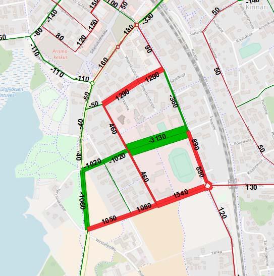 Tarkastelualueen liikenne ennuste Liikennevirtojen siirtymät 9 Urheilukadun katkaisu liikenteeltä Kaikki autoliikenne koulun tuottamaa liikennettä lukuun ottamatta poistuu Urheilukadulta Lisäksi