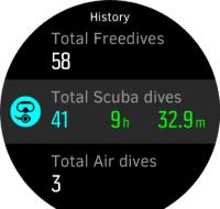 Tietoja näytön kirkkauden säätämisestä on kohdassa 4.2. Näytön kirkkauden säätäminen. 3.13. Sukellushistoria Sukellushistoria on yhteenveto kaikista sukelluksista -laitteellasi.