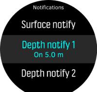 Valitse ylä- tai alapainikkeella Surface notify (Pintailmoitus) tai Depth notify (Syvyysilmoitus) 1, 2, 3, 4 tai 5. Ilmoitukset ovat oletusarvoisesti pois käytöstä. Syvyysilmoitusten määrittäminen: 1.