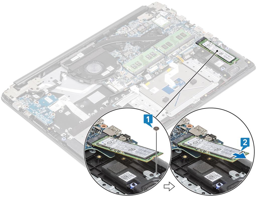 M.2 2280 -SSD-levyn tai Intel Optane -muistin asentaminen valinnainen Vaiheet 1 Liu uta SSD-levy / Intel Optane SSD -kortti SSD-levyn / Intel Optane -kortin paikkaan [1].