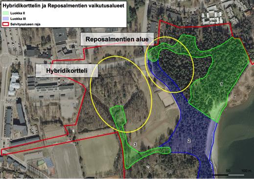 Hybridikorttelin uusien rakennusten viereen jätetään mahdollisimman leveä puskurivyöhyke alueelle 3 päin.