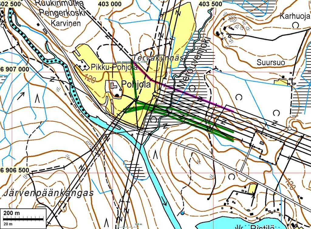 3 Yleiskartat Purettavat sähkölinjat violetilla ja rakennettavat sähkölinjat vihreällä.