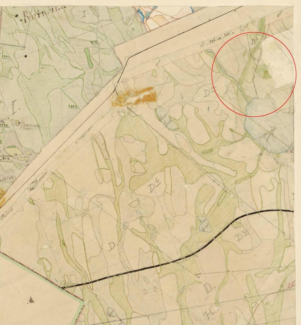 5 Ote Petäjäveden pitäjänkartasta 1840-luvulta. Inventointialue merkitty punaisella ympyrällä.