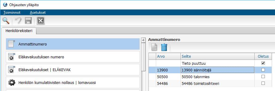 Henkilöt Asetukset Ohjaukset Ammattinumero (kenttäkirjaston koodi HL08) Valitse ammattinumero henkilön lisätietoihin Ammattinumero valinnalla, alkaen