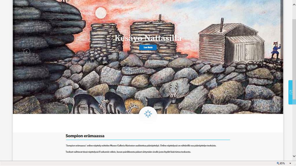 4 / 8 Kuva: Online näyttely Visit Sodankylän verkkosivuilta Näyttely toteutettiin kuvakaruselli-toiminnolla, joka kuului käytössä olevien Wordpress-sivujen perustoimintoihin ja voitiin ottaa käyttöön