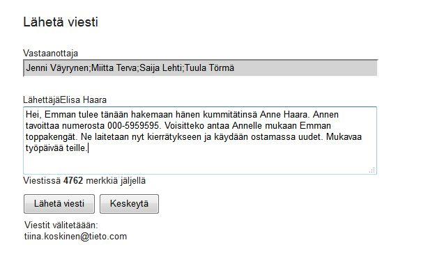 Viesti voi sisältää enintään 5000 merkkiä. Viestin vastaanottaja saa viestistä tiedon sähköpostiinsa. Viestintä tapahtuu aina Muksunetin sisällä.