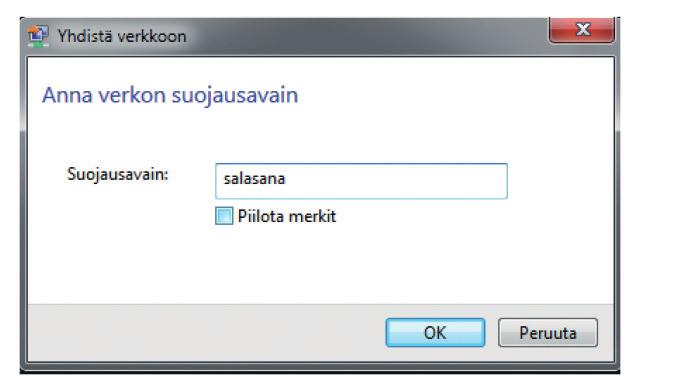 Laita ruksi kohtaan Yhdistä automaattisesti/ Connectautomatically ja paina Yhdistä/Connect. Seuraavaksi tietokone kysyy langattoman verkon salasanaa.