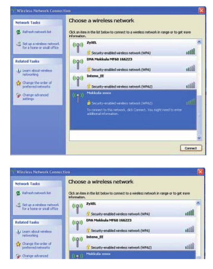 Windows XP Windows-tietokoneessa klikkaa oikeasta alakulmasta löytyvää tietokoneen kuvaa, jossa on langattoman verkon symbolit. Valitse sen jälkeen verkko, jonka nimi on Mokkula-XXXX.