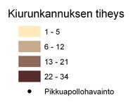 (B) Niittyjen (ruskeat alueet) ja pikkuapollon esiintyminen 100 100 m 2 ruuduissa (mustat pisteet) vuoden 2000 laajemmalla tutkimusalueella (edellisen vuoden tutkimusalue rajattu kartalle