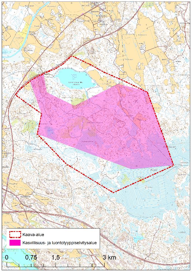 Kasvillisuus- ja luontotyyppiselvityksen selvitysalueen rajaus noudattaa osittain vuoden 2014 osayleiskaava-alueen rajausta, mutta suunnittelun edetessä kaava-alueen rajausta tullaan vielä