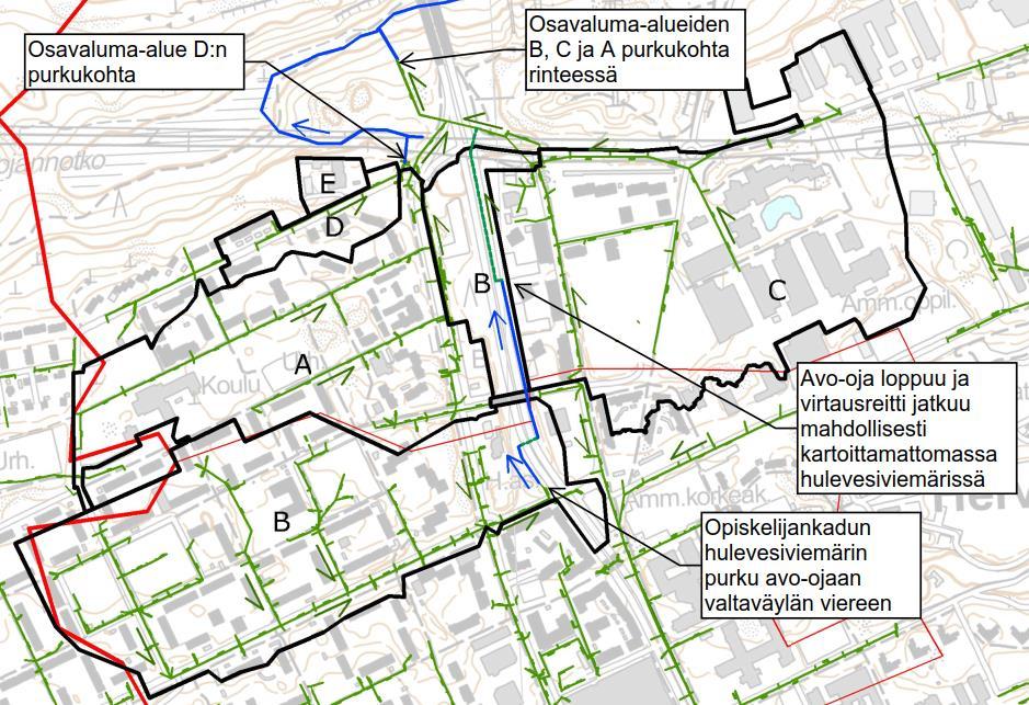 Raportti 6/15 Kuva 6. Pohjois-Hervannan valuma-alueen valtaväylän viereen purkavat osavaluma-alueet.