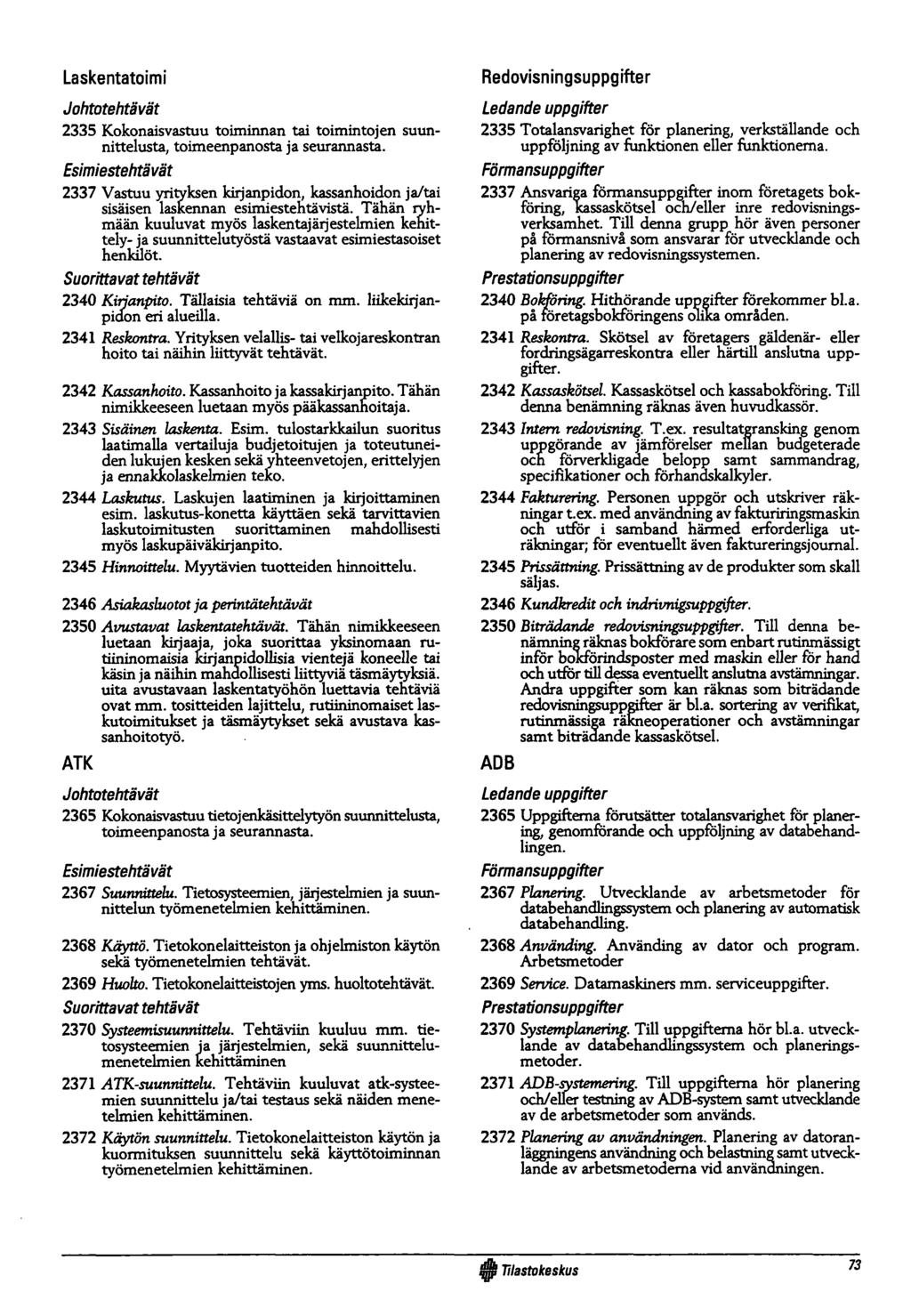 Laskentatoimi Johtotehtävät 2335 Kokonaisvastuu toiminnan tai toimintojen suunnittelusta, toimeenpanosta ja seurannasta.