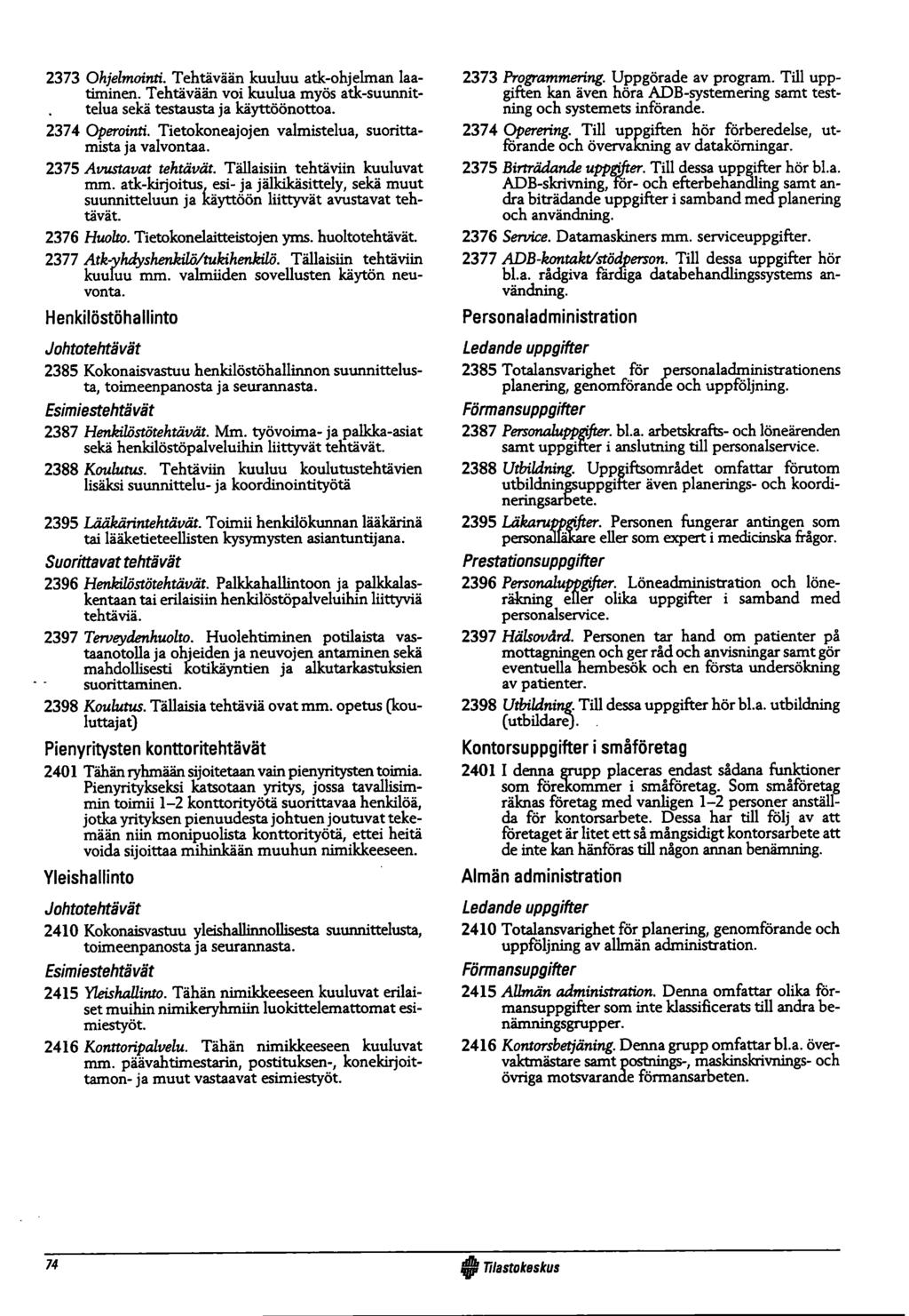 2373 Ohjelmointi. Tehtävään kuuluu atk-ohjelman laatiminen. Tehtävään voi kuulua myös atk-suunnittelua sekä testausta ja käyttöönottoa. 2374 Operointi.