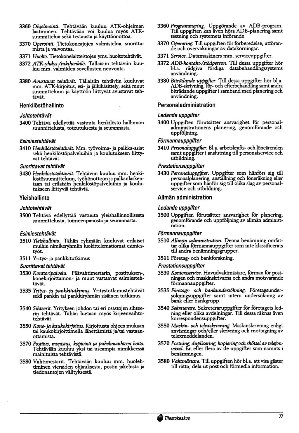 3360 Ohjelmointi. Tehtävään kuuluu ATK-ohjelman laatiminen. Tehtävään voi kuulua myös ATKsuunnittelua sekä testausta ja käyttöönottoa. 3370 Operointi.