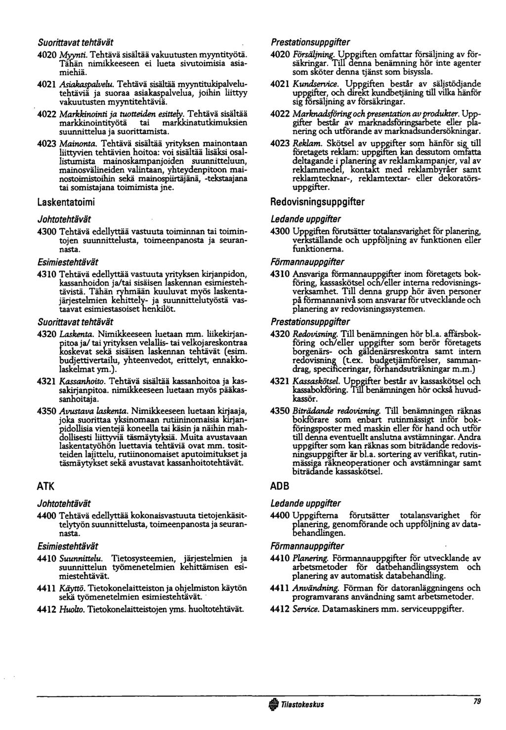 4020 Myynti. Tehtävä sisältää vakuutusten myyntityötä. Tähän nimikkeeseen ei lueta sivutoimisia asiamiehiä. 4021 Asiakaspalvelu.