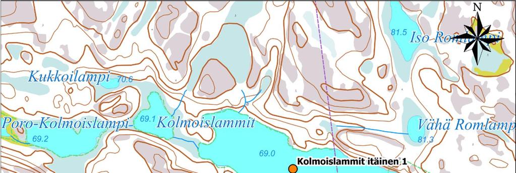 Itäistä Kolmoislampea pienempien ja suovaltaisempien läntisen kolmoislammen ja Poro-Kolmoislammen sekä Kukkoilammen vedet laskevat Itäiseen Kolmoislampeen.