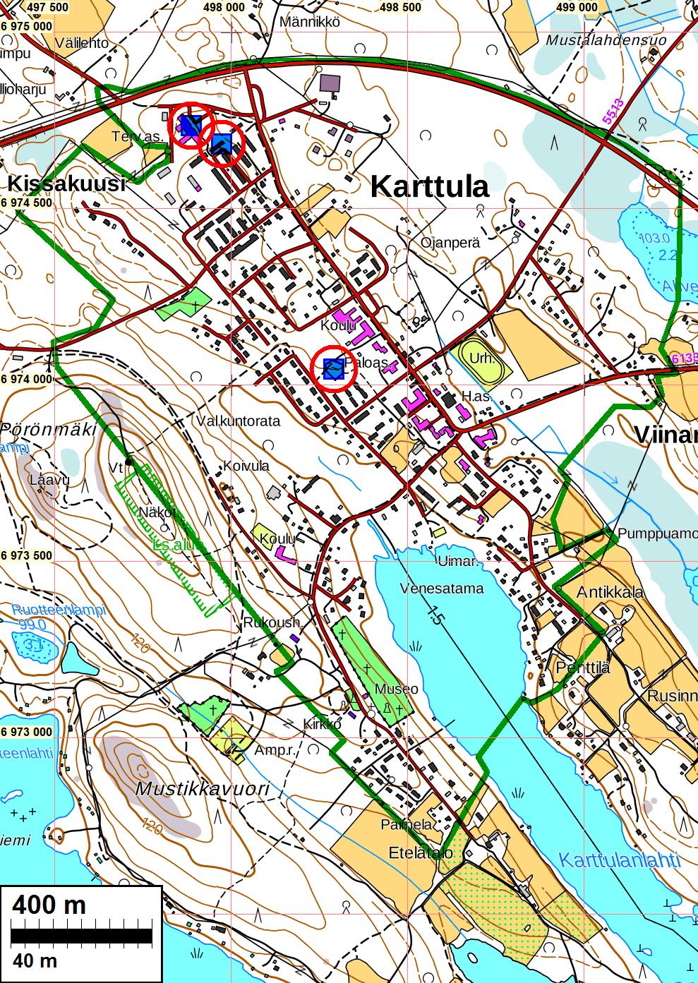 6 Yleiskartat Tutkimusalueen raja vihreällä.