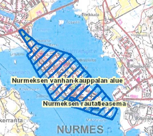Nurmeksen vanhan kauppalan alue, etualalla rautatieasema.