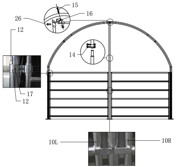 4. Liitä ensimmäiset kaksi kaarta orsilla (4) ja sivuseinän suojatanko (5) M10x90-pulteilla (15).