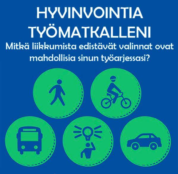 2 1 Hyvinvointia työmatkalleni Päivittäinen liikkuminen ja ulkoilu edistävät hyvinvointia ja terveyttä. Työpaikkojen olosuhteet, käytännöt ja ilmapiiri vaikuttavat työntekijän liikkumisvalintoihin.