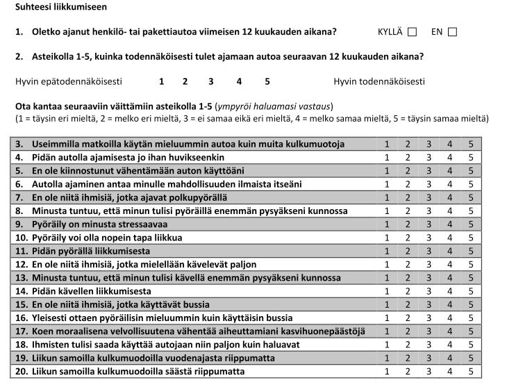 27 Alkuperäisen SEGMENT-kyselyn kultaisissa kysymyksissä ei kysytä suoraan toteutuneesta liikkumisesta muilta osin kuin autoilusta.