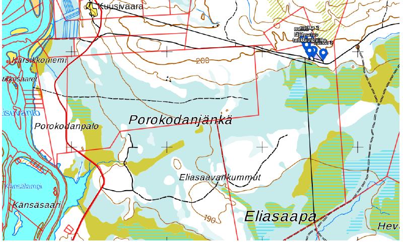 258 poronhoitoa varten tarkoitetun alueen raja ja paliskuntarajat. Mielipide #19 Tervehdys Ratalinjaus tilalla, Kaltioneva, linjaus kulkemaan Ulkusijankumpujen ja Eliaskumpujen välistä.