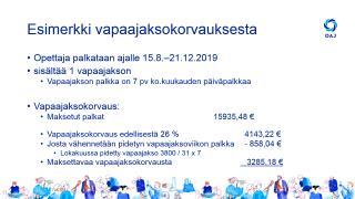 Vapaajaksokorvaus Osaksi lukuvuotta / työvuotta palkatuille kokoaikaiselle ja osaaikaiselle opettajille Korvaa nykyisen määräaikaisen opettajan lomapäiväkorvauksen Korvaus 26 % työssäoloajan palkasta