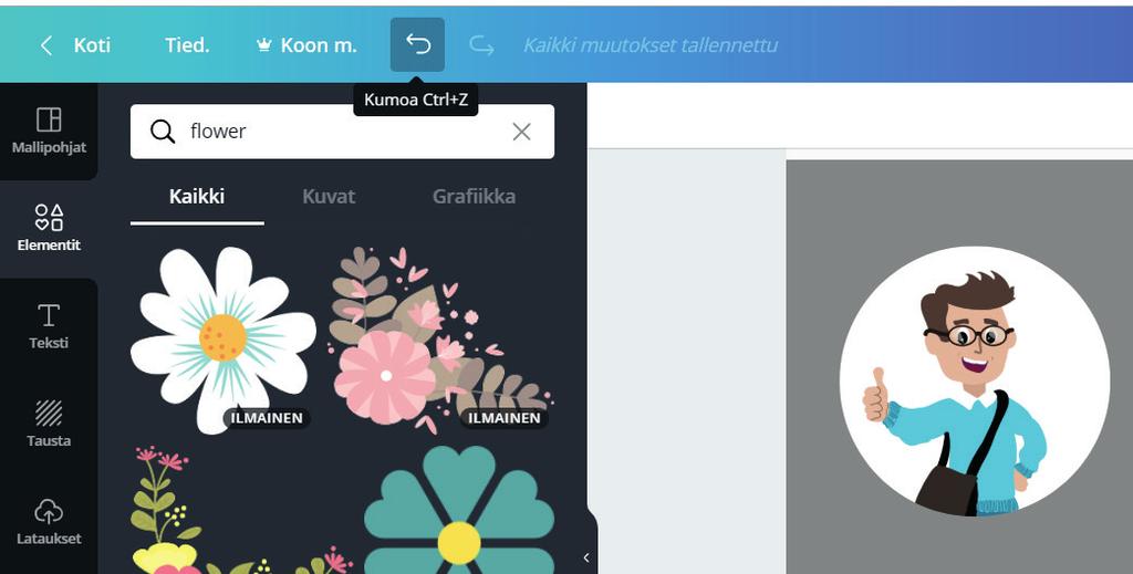 Tallennus: canva tallentaa työtäsi automaattisesti.