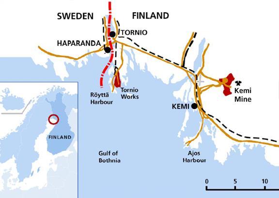 Outokumpu - Tornio Operations Integroitu ferrokromin ja ruostumattoman teräksen tuotantoketju Kromikaivoksen, ferrokromitehtaan ja terästehtaan sijainti Kemi-Tornion alueella Ferrokromituotannon