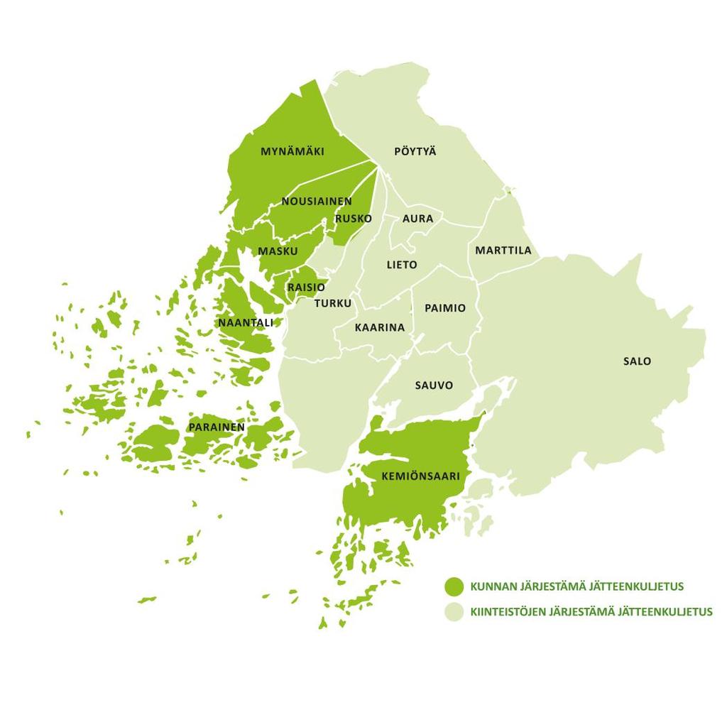 Jätekuljetusten nykytila - Kunnan järjestämä jätteenkuljetus 8 kunnassa - Asukasluku n. 77 500 - Vakituiset kiinteistömäärä n. 23 800 kpl - Vapaa-ajan asunnot kiinteistömäärä n.