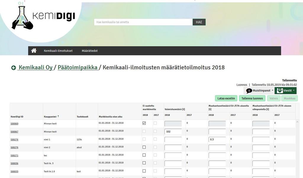 Määrätietoilmoituksen täyttäminen käyttöliittymässä Avautuvaan lomakkeeseen syötetään kysytyn vuoden aikana markkinoille saatetut määrät tonneina Valmistusmäärä tulee erilliseen sarakkeeseen ja