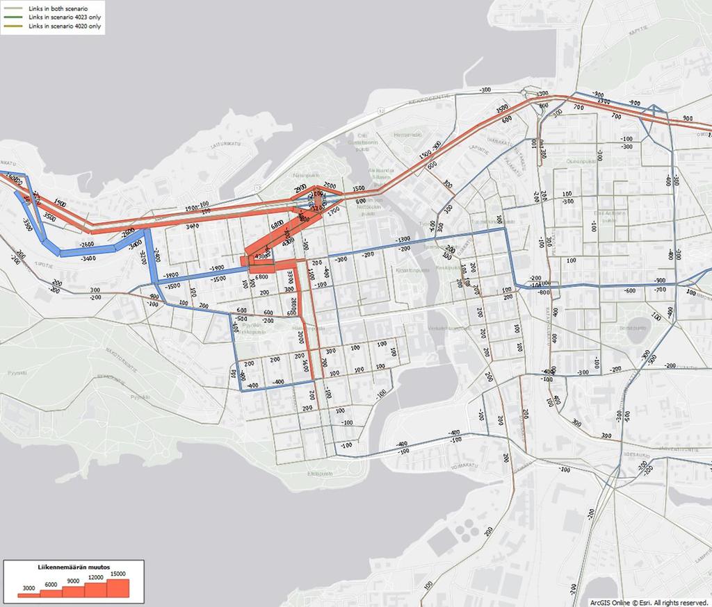 Liikennemäärien muutokset keskustan katuverkolla vuoden 2040 ennustetilanteessa Muutos VE 0 VE 3 (muutos tilanteesta jossa ei tehdä toimenpiteitä tilanteeseen jossa rakennetaan Näsikallion