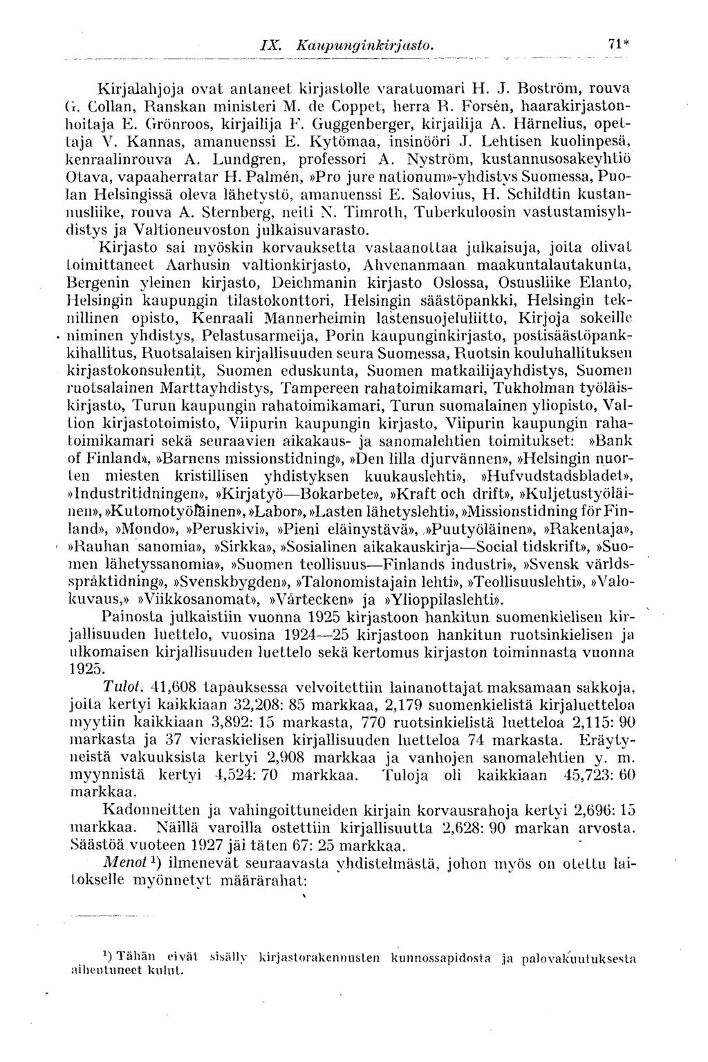 71* Kirjalahjoja ovat antaneet kirjastolle varatuomari H. J. Boström, rouva G. Collan, Ranskan ministeri M. de Coppet, herra R. Forsen, haarakirjastonhoitaja E. Grönroos, kirjailija F.