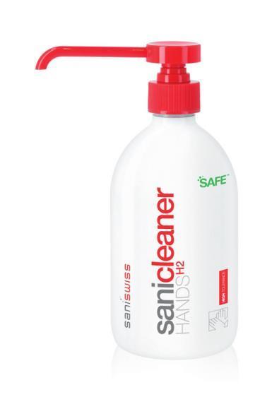 Sanitizer Hands H1 Sanicleaner Hands H2 Kosteuttava käsidesinfektioaine Saniswiss Sanitizer Hands H1 on tarkoitettu ilman vettä tapahtuvaan käsien desinfiointiin niin tavanomaisessa käsihygieniassa