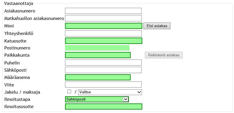 Oy Matkahuolto Ab KÄYTTÖOHJE 11 (25) 3.2.3 Vastaanottajan tiedot Täytä vastaanottajan tiedot huolellisesti.