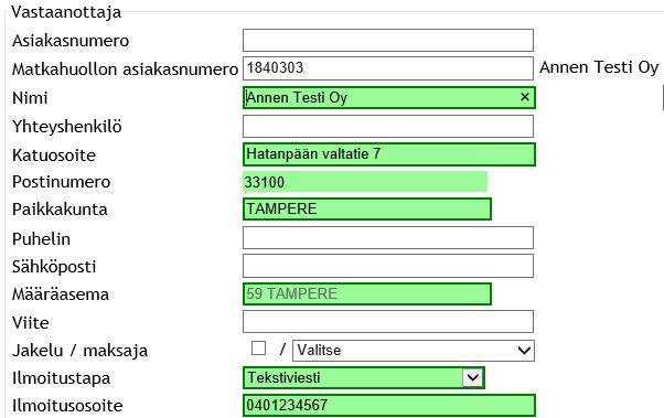 Oy Matkahuolto Ab KÄYTTÖOHJE 13 (25) Tiedot ovat muokattavissa jos vastaanottajan kanssa on jotain muuta sovittu.