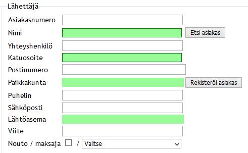 Oy Matkahuolto Ab KÄYTTÖOHJE 17 (25) 3.3.3 Vastaanottajan tiedot Vastaanottajan tiedot valitaan kuten lähtevän lähetyksen lähettäjän tiedot (ohjeen kappaleessa 3.2.2).