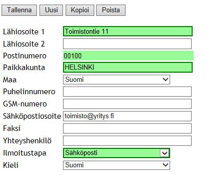 Oy Matkahuolto Ab KÄYTTÖOHJE 20 (25) Jos muokkaat olemassa olevaa osoitetta, tee muutokset ja paina painiketta Tallenna. Uuden osoitteen luomisen voit aloittaa painikkeilla Uusi tai Kopio.