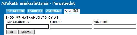 Oy Matkahuolto Ab KÄYTTÖOHJE 23 (25) Jo luodun käyttäjän tietoja pääset muokkaamaan valitsemalla käyttäjän klikkaamalla käyttäjätunnusta. Tiedot siirtyvät näytöllä oleviin kenttiin.