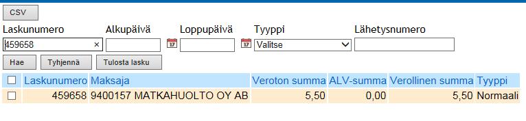 Oy Matkahuolto Ab KÄYTTÖOHJE 24 (25) 5. Laskutus Laskutus valikossa pystyy hakemaan Matkahuollon lähettämiä laskuja.