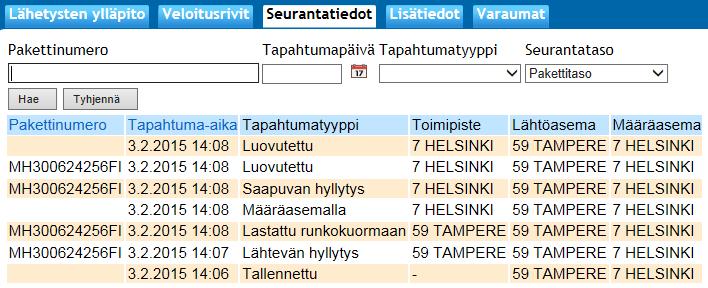 Oy Matkahuolto Ab KÄYTTÖOHJE 6 (25) Asiakkaisiin liittyvillä hauilla kuten asiakasnumero, nimi tai viite saat tietylle asiakkaalle lähteneet tai yhdeltä asiakkaalta lähteneet lähetykset listattua.